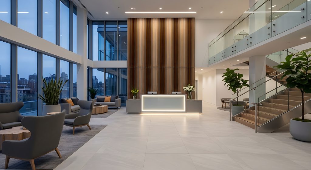 Finished commercial lobby with reception desk
